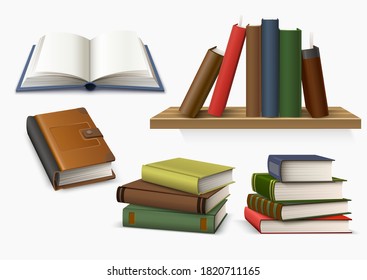 Realistic books set. Open, closed hardcover books, stack at shelf. Vector diary, book pile, symbol of literature, knowledge and education. Online library, bookstore design. school university symbol