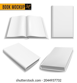 Realistic books. White book mockup cover, blank brochure, paperback empty textbook, magazine template. Closed and opened, front and angle view elements, education vector 3d isolated set