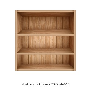 Realistic bookshelf made of wooden boards. Empty bookshelf mockup template. Old wooden shelves for library, office and school interior design.