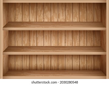 Realistic bookshelf mockup template. Vintage wooden shelves for library and school interior design. Empty bookshelf made of wooden boards.