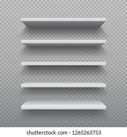 Realistic Bookshelf. White Plywood Empty Wall Shelf, Modern Hardwood Furniture, Set Of 3D Business Retail Shelves Vector Illustration