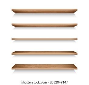 Realistic bookshelves for online store advertising. 3d textured wooden racks set. Grocery racks vector illustration