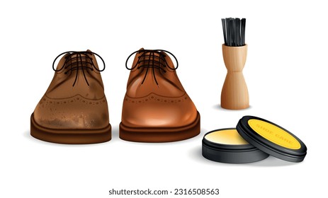 Realistic boots polishing set with shoe wax style symbols isolated vector illustration