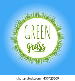 Realistic border green grass lawn logo isolated on white. Floral eco lawn nature background. Organic food, healthy logo. Web vector illustration. Eco color lawn grass.
