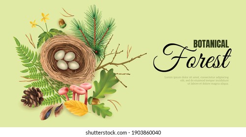Realistic botanical horizontal banner with editable ornate text and birds nest with eggs and leaf images vector illustration