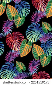 Realistic botanical illustration on a black background. Seamless pattern with bright tropical leaves. Vector foliage background.