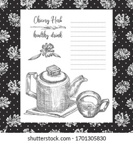 Realistic Botanical ink sketch of chicory root, flowers, powder, teapot, tea cup and spoon isolated on chalkboard background, floral herbs Medicine plant. Vintage card design vector illustration
