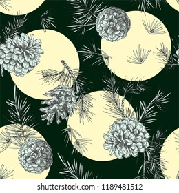 Realistic botanical ink sketch of fir tree branches with pine cone on dark green background. Seamless pattern. Good idea for templates invitations, greeting cards. Vector illustrations