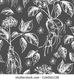 Realistic Botanical ink sketch seamless pattern with ginseng root, flowers, berries isolated on black, floral herbs collection. Traditional chinese medicine plant. Vintage rustic vector illustration.