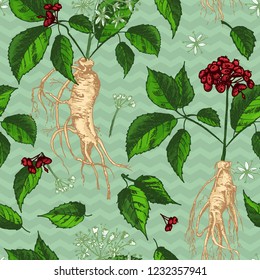 Realistic Botanical ink sketch seamless color pattern with ginseng root, flowers and berries Floral herbs collection. Traditional chinese medicine plant. Vintage rustic vector illustration.