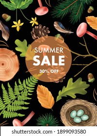 Realistic botanical poster with vertical composition of editable text and images of forest leaves and mushrooms vector illustration
