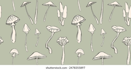 Realistic botanical seamless pattern with poisonous mushrooms, hand-drawn vector illustration