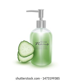 Realistic bottle in 3d with soap pump on a Juicy cucumber background Cosmetic bottle with shampoo, template for cosmetic business, advertising and promotion, vector EPS 10 format