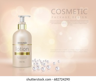 Realistic bottle 3d with soap pump. Pump top bottle with organic cosmetic lotion and gold cap decorated with scattering of pearls and glare background realistic vector illustration