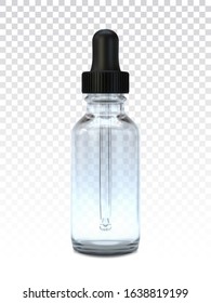 Realistic bottle with black cap and soft rubber dropper for CBD oil. Vector glass bottle for concept of herbal alternative medicine, cbd oil, pharmaceutical or parfums industry.