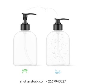 Realistische Flasche mit schwarzem Dispenser. Vektorgrafik einzeln auf weißem Hintergrund. Perfekt für die Präsentation von flüssiger Seife, Desinfektionsmittel, medizinischem Material usw. EPS10.	