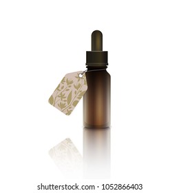 Realistic bottle with cardboard label - essential oil of bitter orange flower. A dropper with neroli essential oil. Aromatherapy, perfumery, cosmetics, spa sticker, price tag, coupon template