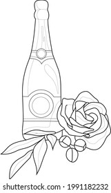 Realistic bottle of champagne and rose flower sketch template. Graphic cartoon vector illustration in black and white for games, background, pattern, decor. Coloring paper, page, story book, print