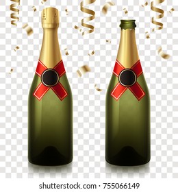 Realistic Bottle of champagne vector illustration isolated on transparent background. Festive champagne with falling confetti. Celebratory beverage. Eps 10