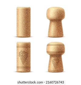 Realistic bottle corks, wine stopper caps. Isolated vector corkscrew wooden corks from champagne or natural colmated corks, conical, twin-top or agglomerated and bar-top synthetic wine stoppers