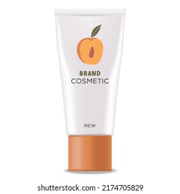 Realistic bottle cosmetic, peach lotion package, summer cosmetics packaging mockup, hair beauty cosmetic, vector