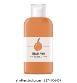 Realistic bottle cosmetic, peach lotion package, summer cosmetics packaging mockup, hair beauty cosmetic, vector