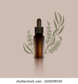 Realistic bottle with essential oil of tea tree. A dropper with melaleuca essential oil, logo. Ti tree branch with flowers. Aromatherapy, perfumery, cosmetics, spa logo. 