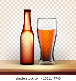 Realistic Bottle And Glass With Bubble Beer Vector. Mockup Of Brown Bottle With Metallic Cap On Top And Blank Label Near Foamy Drink In Goblet Isolated On Transparency Grid Background. 3d Illustration