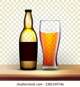 Realistic Bottle And Glass With Cold Beer Vector. Empty Closed Bottle. Mockup Template Blank For Product Packaging Advertisement. Image Isolated On Transparency Grid Background. 3d Illustration