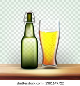 Realistic Bottle And Glass With Frothy Beer Vector. Mockup Template With Bar Stopper For Liquid Bottle With Holder And Blank Label Isolated On Transparency Grid Background. 3d Illustration