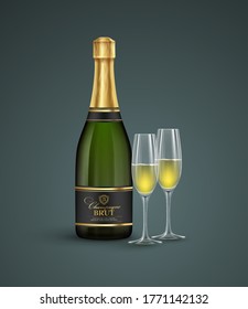 Realistic bottle and glasses of champagne isolated on a transparent background. Vector illustration EPS10