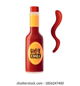 Realistic Bottle Hot Chili Pepper Sauce with Label. Spicy Dressing, Red Colored Condiment with Spilled Strip or Stroke, Ingredient Isolated on White Background. 3d Vector Illustration, Icon or Emblem