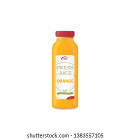 Realistic bottle of juice mockup. Product template. Label and glass bottle. Illustration of glass of natural fresh orange juice and orange fruit. Healthy lifestyle.