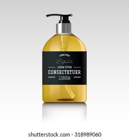 Realistic bottle of liquid soap. Cosmetic bottle for a cream, shampoo, oil, gel. Mock up. Label for container. 