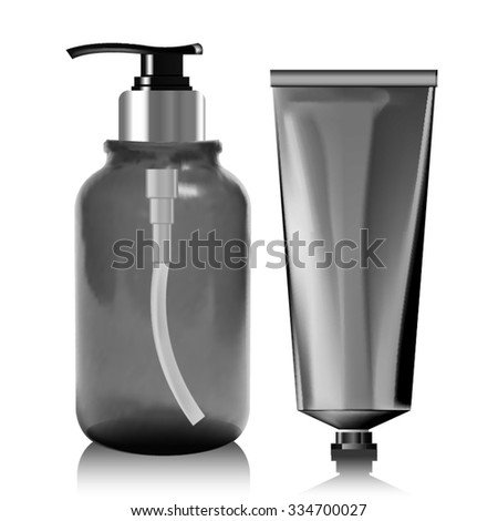 Realistic bottle of liquid soap. Cosmetic bottle for a cream, shampoo, oil, gel. Mock up. Label for container. Batcher. Blank white realistic tube for cosmetics, cream, ointment, toothpaste.