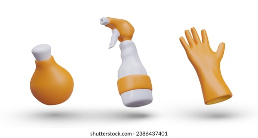 Realistic bottle with liquid soap, spray pistol, rubber glove. Cleaning supplies and detergents. Color illustrations in cartoon style. Set of orange icons