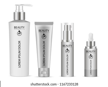 Realistic bottle mock up set for essential oil and tube or container for cream, ointment, toothpaste, lotion. Soap pump. Cosmetic vial, flask, dropper-bottle, shampoo, oil, gel. Label, sticker, logo.