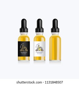 Realistic bottle mock up with taste banana with caramel for an electronic cigarette. Dropper bottle with design white or black labels. Vector illustration