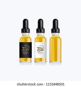 Realistic bottle mock up with tastes nutmeg melon for an electronic cigarette. Dropper bottle with design white or black labels. Vector illustration