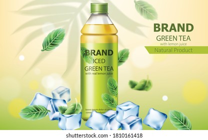 Realistic Bottle Of Natural Ice Green Tea With Real Lemon Juice Submerged In Ice Cubes And Mint Leaves. 3D Mockup With Product Placement. Vector