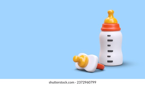 Botella realista con pezón y escala de medida, pacificador. Comida para bebés, leche. Accesorios para alimentar y calmar al recién nacido. Afiche horizontal sobre fondo azul, lugar para texto