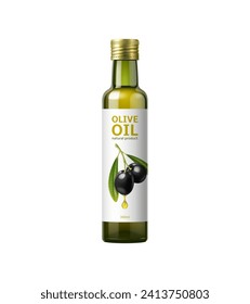 Realistic bottle of olive oil, package mockup for extra virgin olive oil, isolated vector. Olive oil glass bottle with black olives and dripping drop for natural organic products package with label