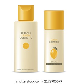 Realistic bottle package set vector, lemon cosmetics bottle, hair cosmetics yellow design, cream, mask, packaging mockup