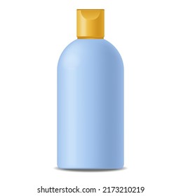Realistic bottle package vector, blue shampoo bottle, hair, face, skin cosmetics yellow design, packaging mockup