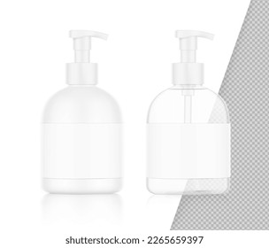 Realistic bottle with plastic dispensers set. Vector illustration isolated on white background. Ready for use in presentation, promo, advertising and more. EPS10.