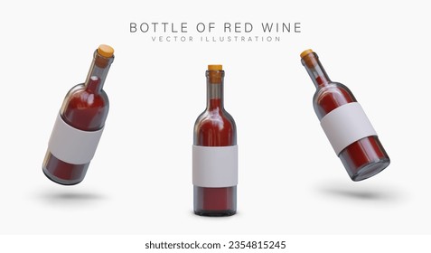 Realistic bottle of red wine in different positions. Corked alcoholic drink. Container with empty label, mockup. Set of isolated vector images with shadows