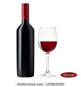 Realistic bottle red wine and glass wine isolated on white background. Colorful designer element set for paper, interiors, t-shirts, logos, covers, fabrics, labels, card and more.