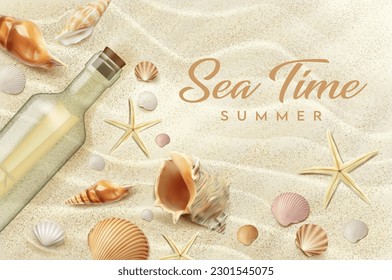 Realistic bottle, seashell and starfish. Seaside top view, summer beach sand. Summer vacation beach 3d wallpaper, sea coast vacation leisure realistic vector backdrop or banner with conch shells