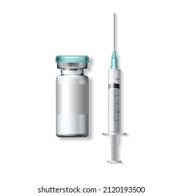 Realistic Bottle and Syringe. Coronavirus Vaccine, Botox, Filler, Hyaluronic Acid Closeup. Drug Ampoule Design Template. Vaccination concept. Top View vector illustration isolated on white background