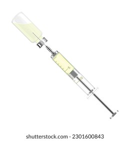 Realistic Bottle and Syringe. Coronavirus Vaccine, Botox, Filler, Hyaluronic Acid Closeup. Drug Ampoule Design Template. Vaccination concept. Top View vector illustration isolated on white background.